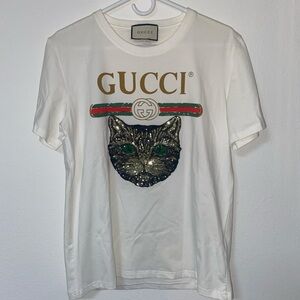 Gucci White Tee with Glittering Cat Design